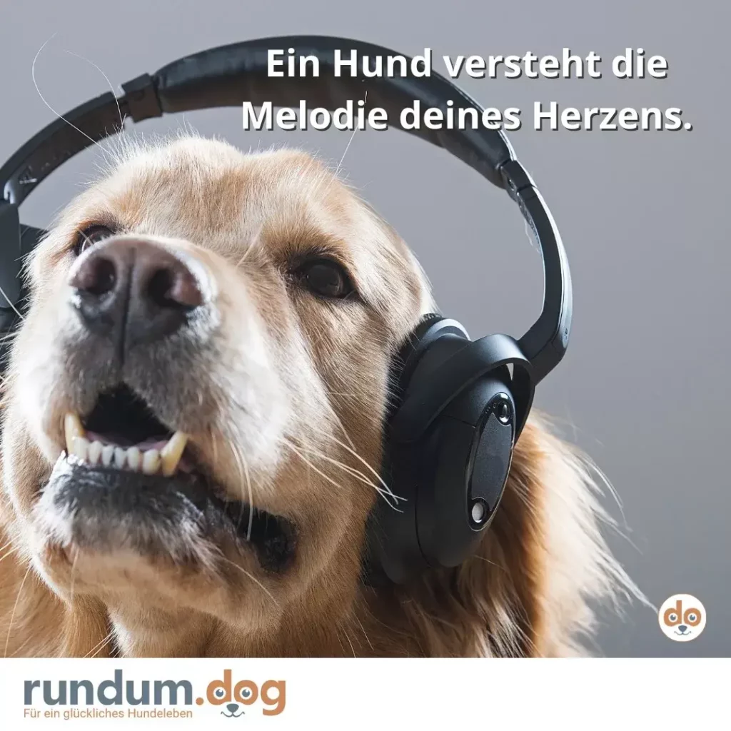 Hund mit schwarzen Over-Ear-Kopfhörern schaut nach oben, trägt einen glücklichen Gesichtsausdruck