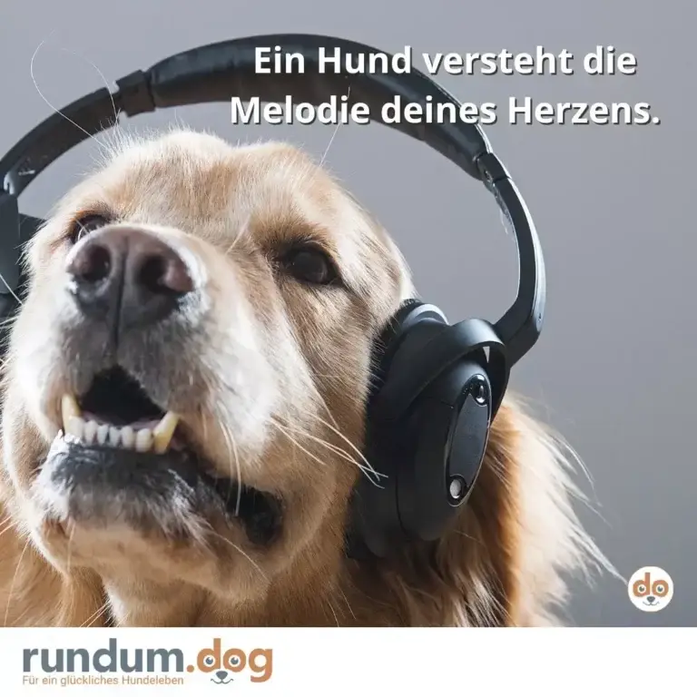 Hund mit schwarzen Over-Ear-Kopfhörern schaut nach oben, trägt einen glücklichen Gesichtsausdruck