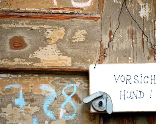 Schild an Holztür Vorsicht Hund, als Schutz vor Einbrechern