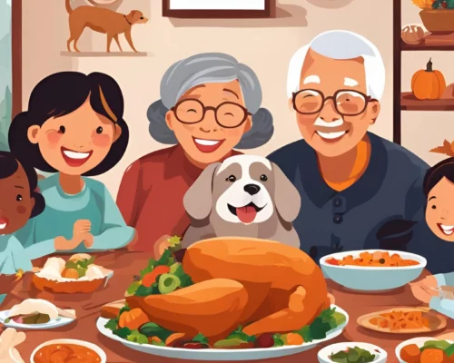 KI generiertes Bild Familienessen mit Hund zu Thanksgiving