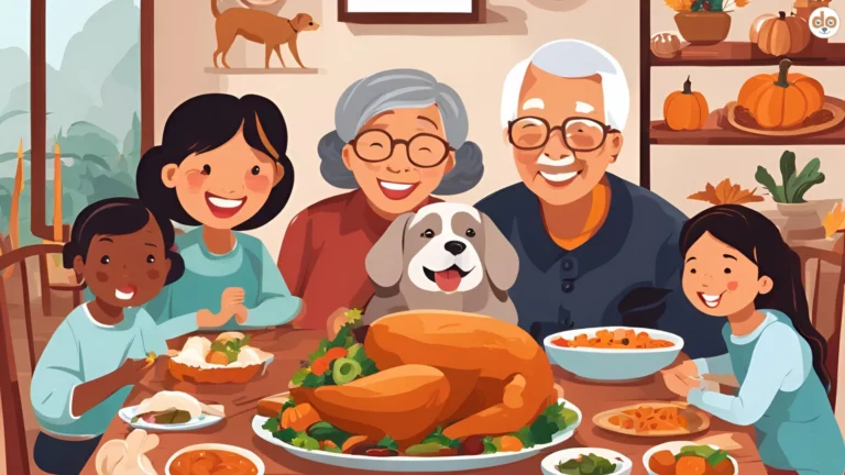 KI generiertes Bild Familienessen mit Hund zu Thanksgiving