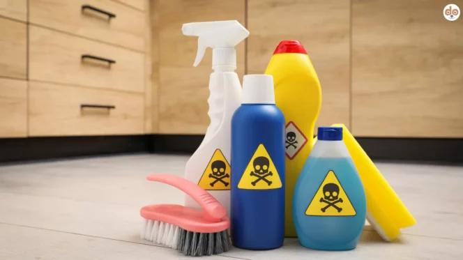 Haushaltsgifte im Alltag, Reiniger, Chemikalien, Sprühflaschen, Toxine