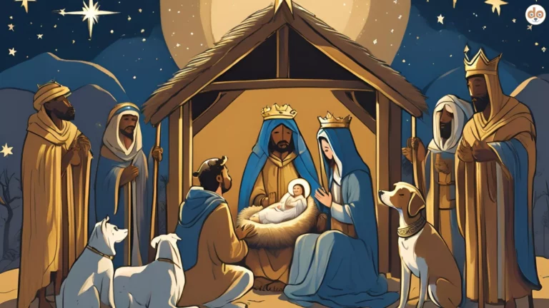 Magic Media KI künstlerisches Bild der Heiligen Drei Könige im Krippenspiel unter Sternenhimmel mit Hunden