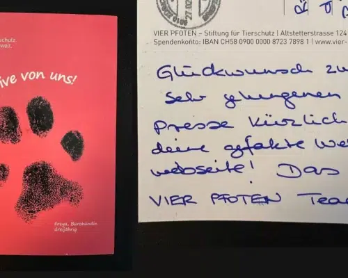 Postkarte von vier Pfoten Schweiz