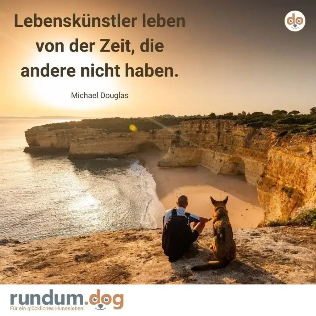 Person mit Rucksack sitzt neben Hund auf Klippe, beide blicken auf Meeresbucht mit Felsenküste bei Sonnenuntergang