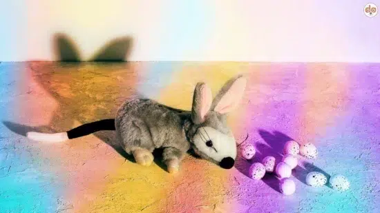 Osterbräuche international Bilby Stofftier Australien mit Vogeleiern in Osterfarben