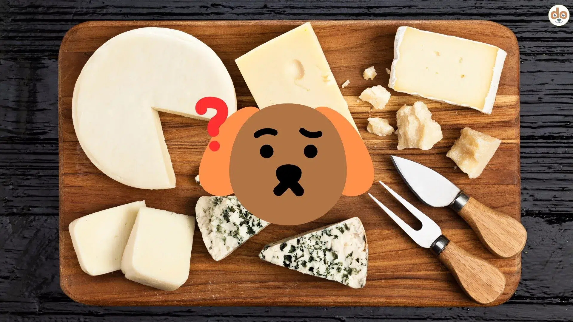 Hund Käse Holzbrett mit verschiedenen Käsesorten und Käsemesser