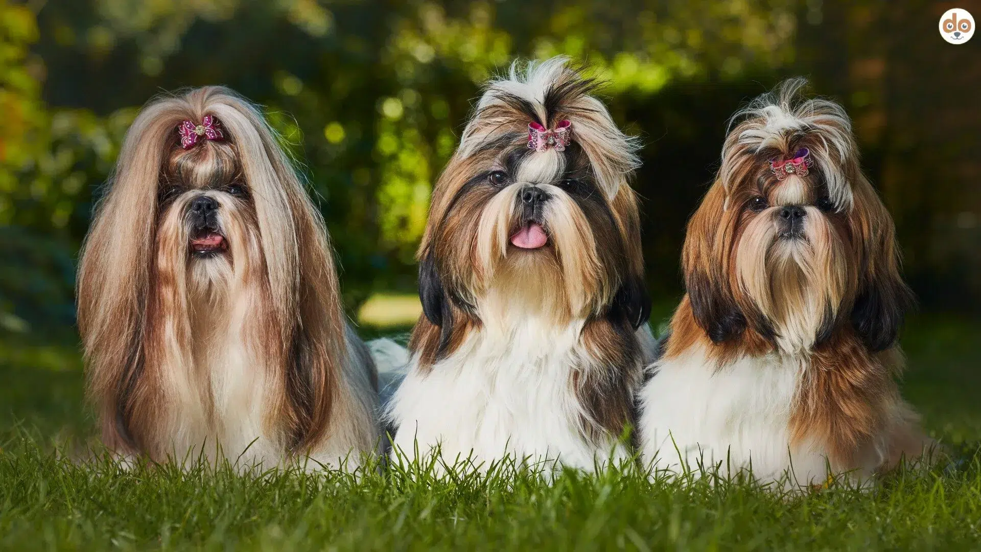 Drei langhaarige Shih Tzu mit Haarspangen