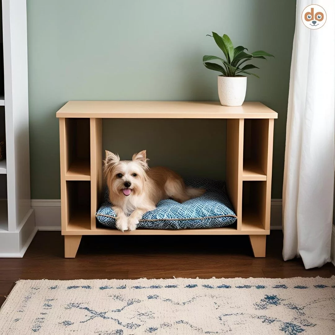 Aus einem Regal wurde der mittlere Einlegeboden entfernt um Platz für ein Hundebett zu schaffen