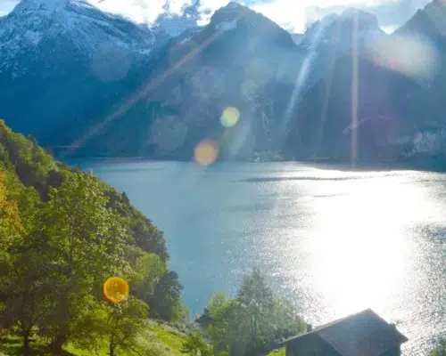Sommersonne Ausblick auf die Schweizer Alpen Sommeranfang