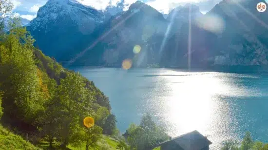 Sommersonne Ausblick auf die Schweizer Alpen Sommeranfang