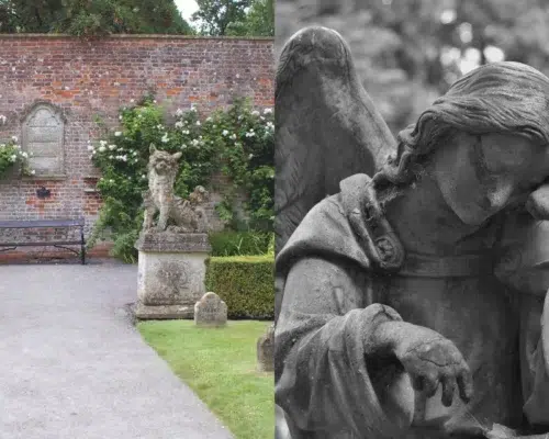 Symbolfotocollage für Mensch-Tier-Bestattung Links Tierfriedhof Rechts Grabfigur Engel Nahaufnahme