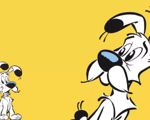 Zwei Idefix Comic Grafiken auf gelbem Hintergrund