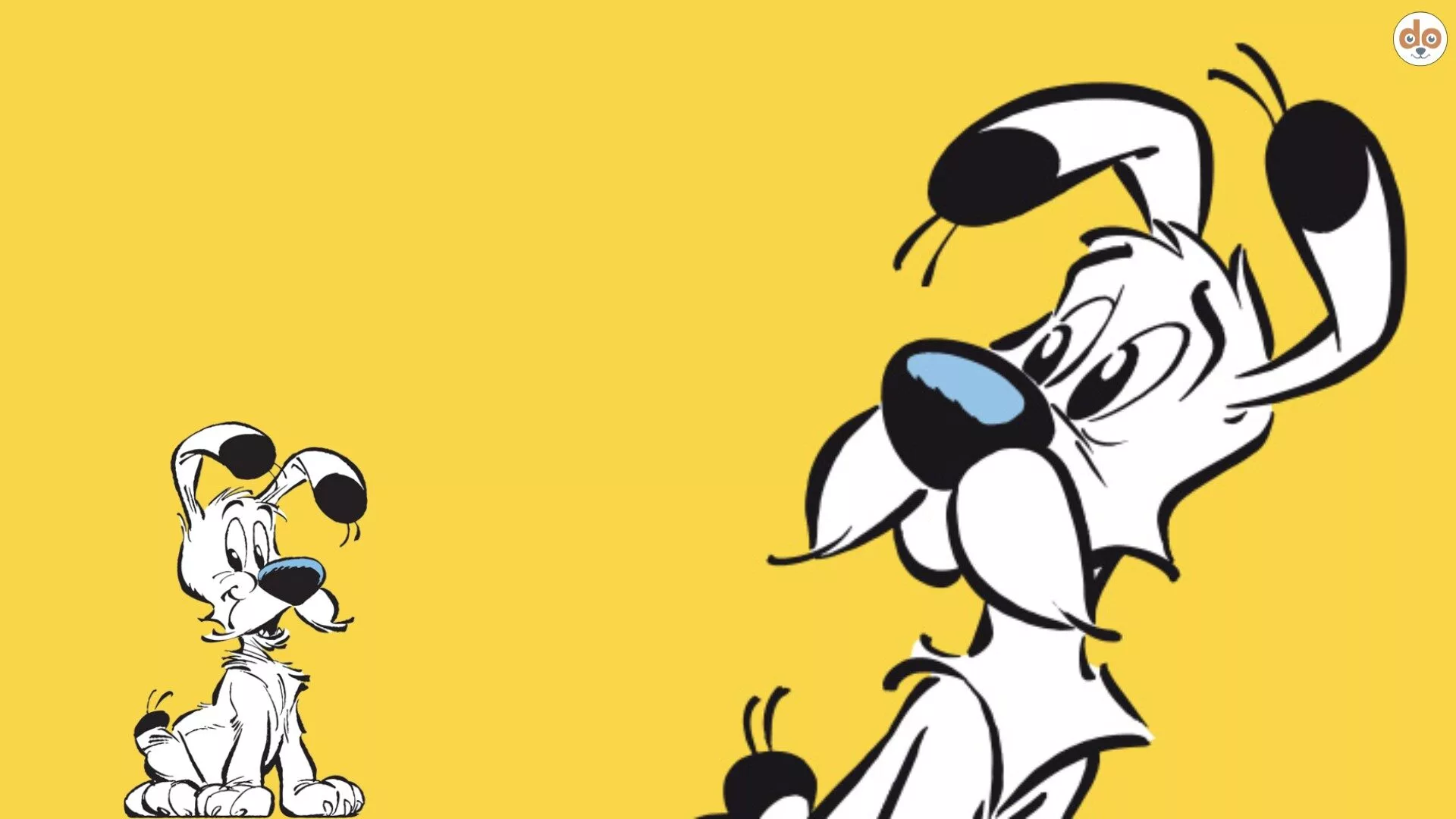 Zwei Idefix Comic Grafiken auf gelbem Hintergrund