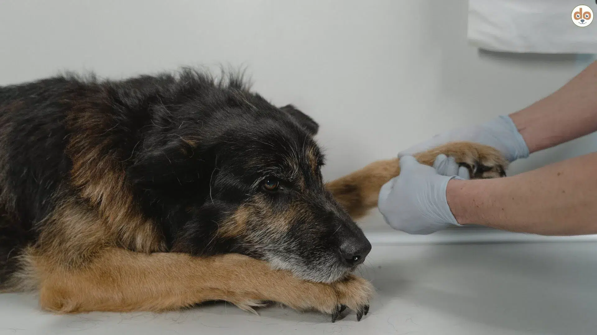 Älterer Hund wird von Tierarzt untersucht, Arzt tastet Pfote ab. Vorbereitung für Bluttransfusion oder Blutspende