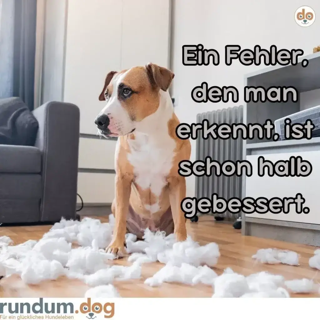 Braun-weisser Hund steht in Wohnzimmer inmitten von Polsterfüllung, blickt schuldbewusst zur Seite