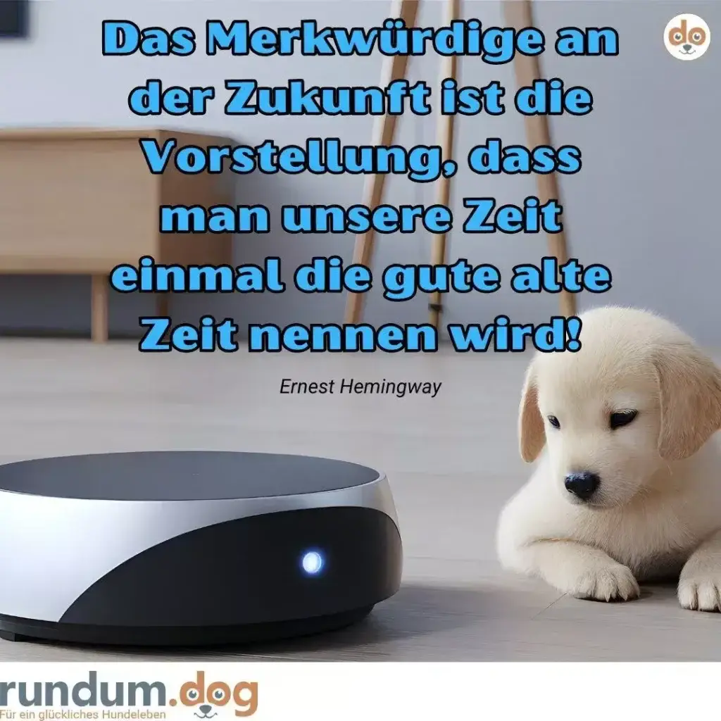 Weisser Labrador sitzt neben einem weissen Roboter mit leuchtendem blauem Auge auf hellem Holzboden
