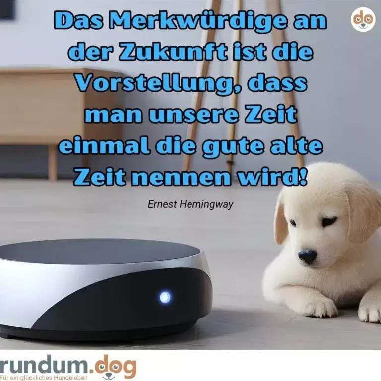 Weisser Labrador sitzt neben einem weissen Roboter mit leuchtendem blauem Auge auf hellem Holzboden