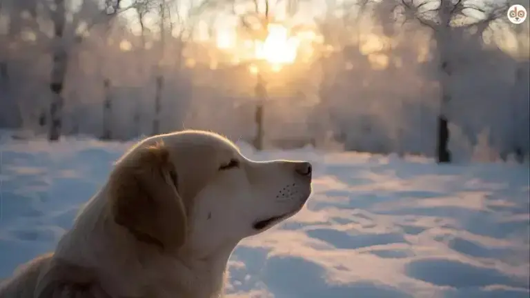 Hund in Winterpanorama mit geschlossenen Augen Kopf gen Sonne gereckt Vitamin D Sonnenvitamin