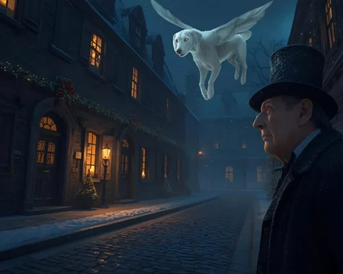 Ebenezer Scrooge mit dem Geist der vergangenen Weihnacht als Hund