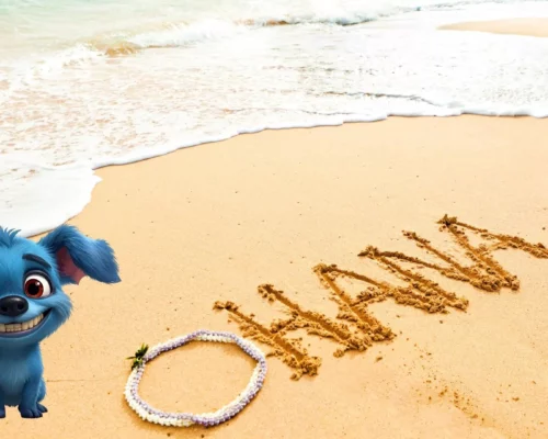 Hawaii Strand Ohana Schriftzug kleiner blauer Hund mit Fledermausohren, Adaption von Stitch aus Lilo und Stitch
