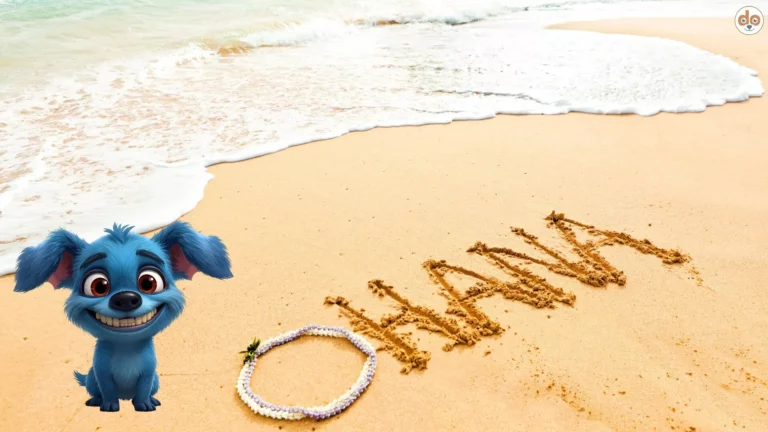 Hawaii Strand Ohana Schriftzug kleiner blauer Hund mit Fledermausohren, Adaption von Stitch aus Lilo und Stitch