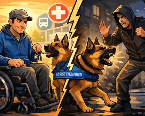 Assistenzhund neben Rollstuhlfahrer – Diskussion über Schutzfunktion von Assistenzhunden
