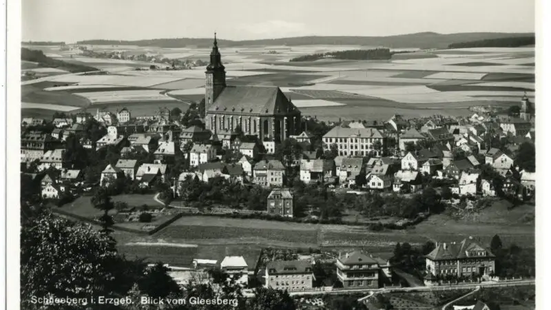 Gleesberg (593 m, mit Köhlerturm) - 25384 Schneeberg 1930 Blick vom Gleesberg auf Schneeberg BrC3BCck 26 Sohn Kunstverlag