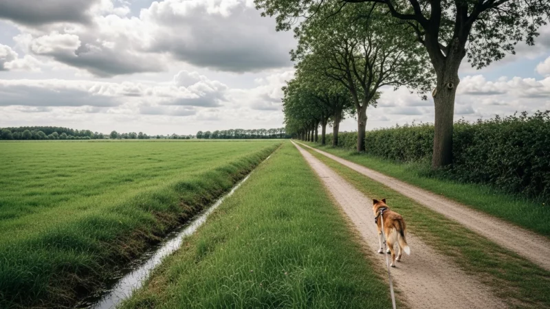 Hund auf einem von Eschen gesäumten Feldweg im Ammerland