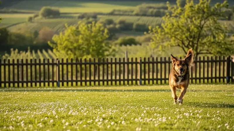 Hund läuft frei auf eingezäunter Hundewiese in der Oststeiermark