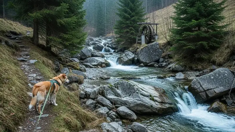 Hund auf Themenweg entlang eines Gebirgsbachs in der Steiermark