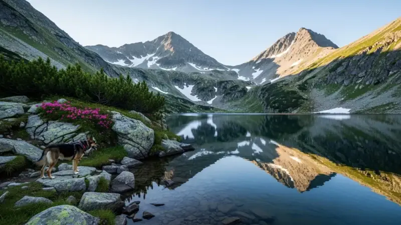 Hund am Ufer eines Bergsees in den Seetaler Alpen