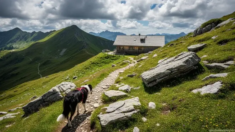Hund auf alpinem Wanderweg mit Hütte in den Rottenmanner Tauern