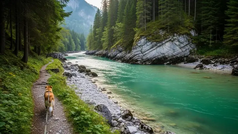 Hund auf Uferweg entlang der Salza in der Steiermark