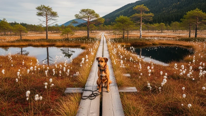 Hund auf Bohlenweg durch ein Hochmoor bei Oppenberg