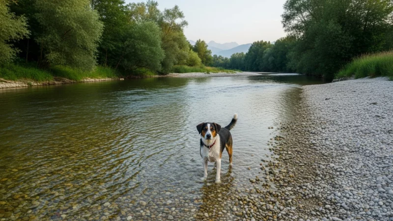 Hund am Flussufer der Argen nahe dem Bodensee