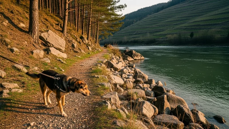 Hund auf Uferweg am Kamp im Waldviertel bei Langenlois