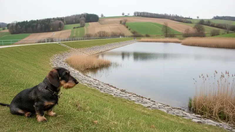 Hund am Ufer eines Stausees im Innviertel
