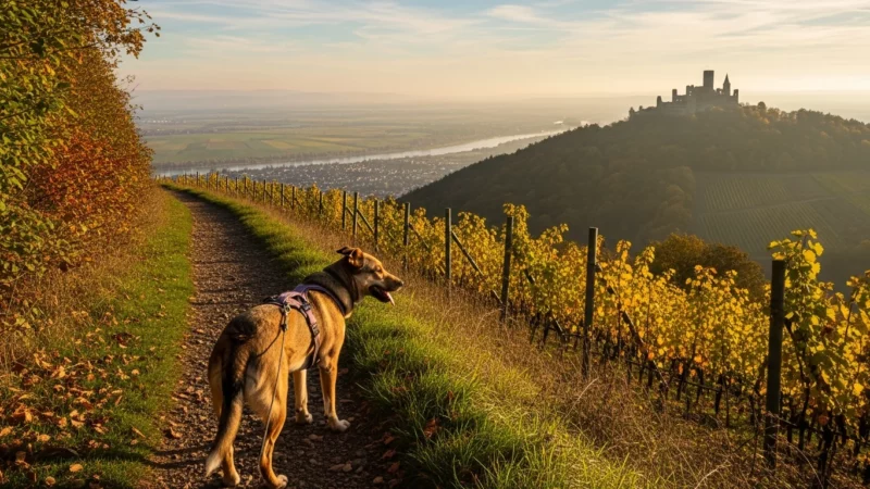 Hund auf Höhenweg mit Burgruine zwischen Waldkirch und Kenzingen