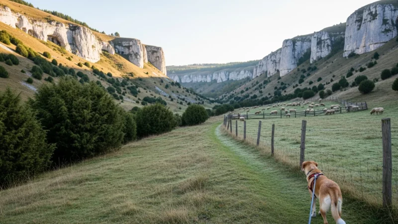 Hund auf Wanderweg durch das Lonetal auf der Schwäbischen Alb