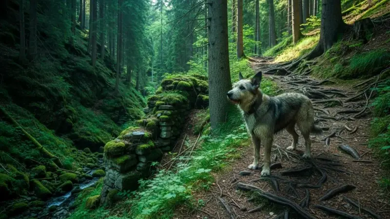 Hund auf Waldpfad in der Adelegg im Allgäu