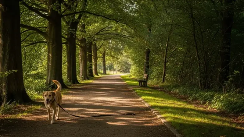 Hund auf Spazierweg im Stadtwald bei Donauwörth