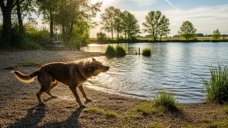 Hund am Ufer eines Badesees bei Tapfheim