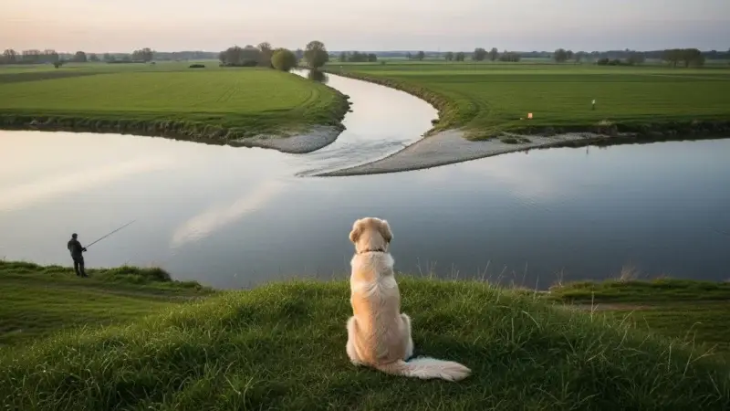Hund an der Flussmündung von Wörnitz und Donau