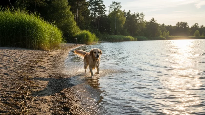 Hund am Hundestrand eines Badesees bei Günzburg