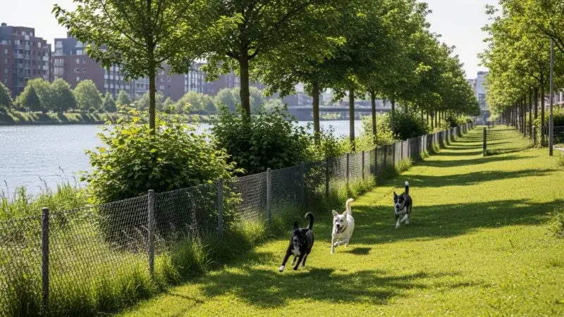 Hund in eingezäunter Auslaufzone an einem Hamburger Kanal