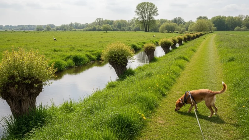 Hund auf Wanderweg durch die Nidder-Auenlandschaft in der Wetterau