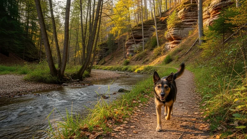 Hund auf Wanderweg durch ein Bachtal in der Südwestpfalz