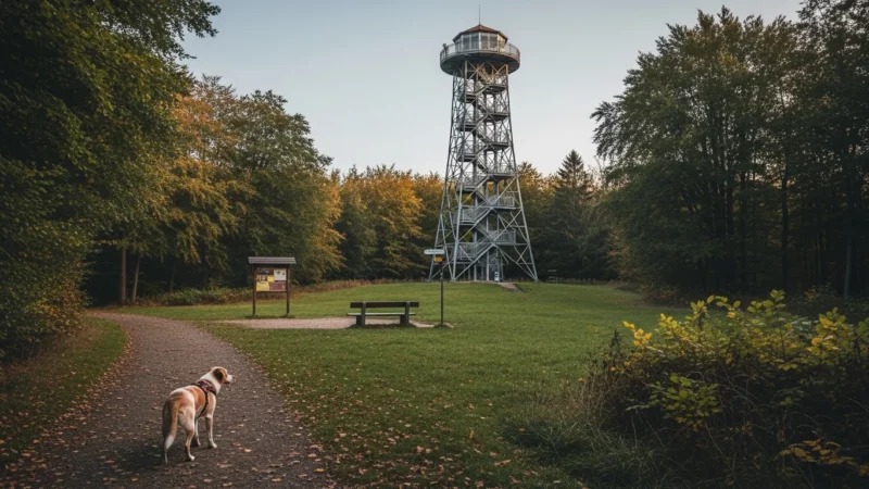 Hund auf Waldweg zu einem Aussichtsturm bei Schmölln