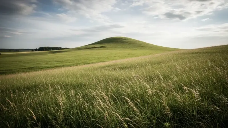 Symbolbild: ein sanfter Hügel erhebt sich einsam über weitläufige grüne Wiesen